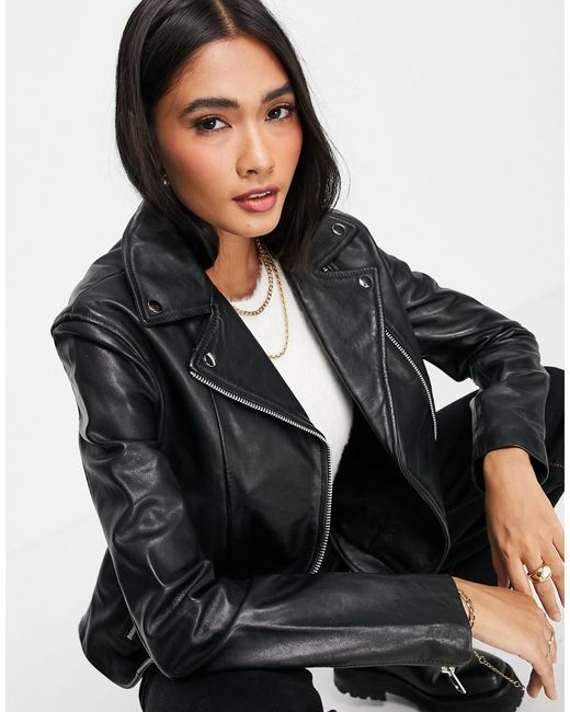 Mango Leather Biker Jacket in Black Lyst