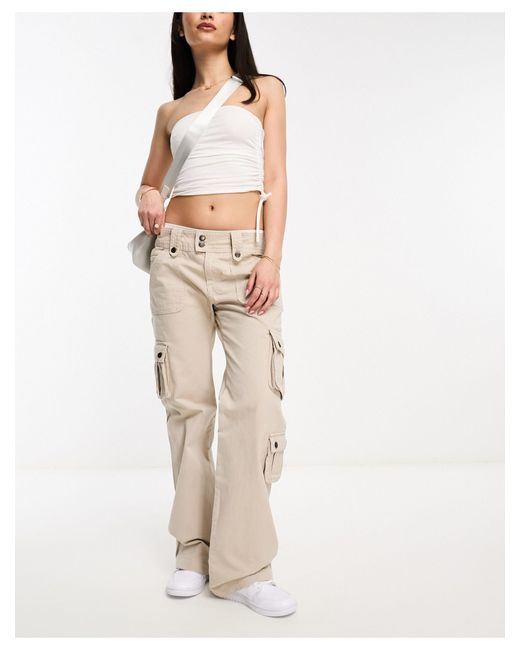 Pull&Bear Low Waist Popper Detail Cargo Trousers in Natural