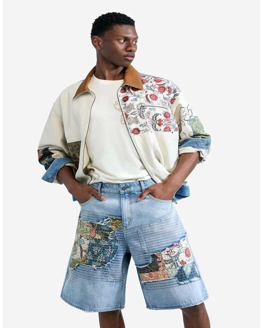 Desigual Blue Denim Bermuda Shorts With Patches for men
