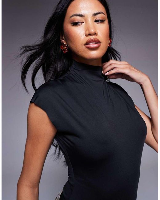 ASOS Hoogsluitende Body Van Gladde Stof Met Kapmouwtjes in het Blue