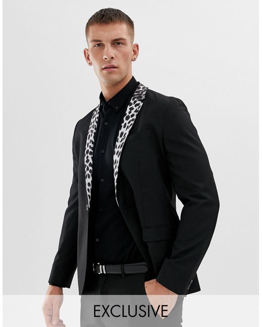 Religion Black Skinny Blazer With Leopard Lapel for men
