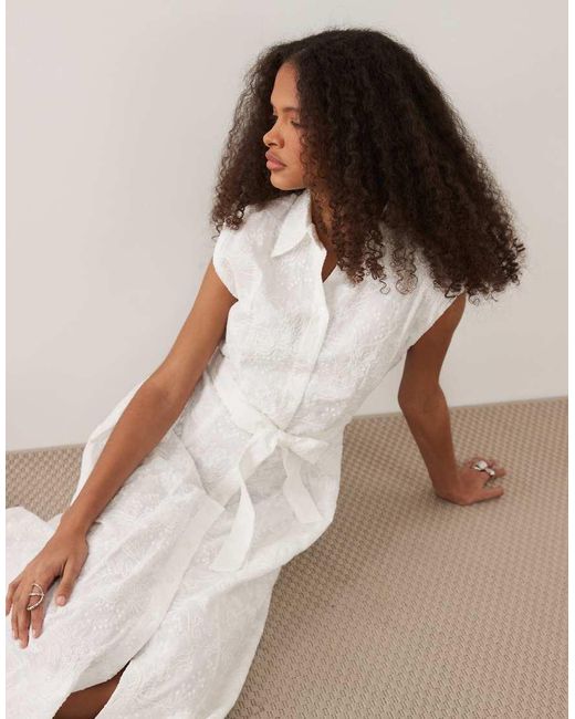 Mango Natural 100% Cotton Embroidered Tie Waist Midi Shirt Dress