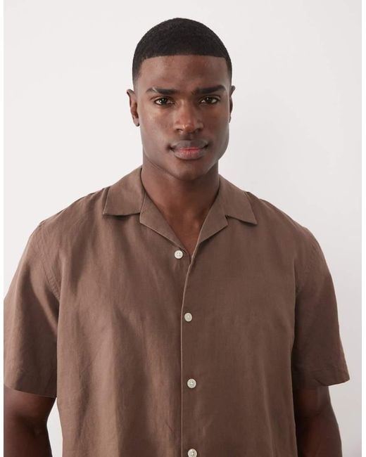 SELECTED Brown Linen Blend Short Sleeve Shirt for men