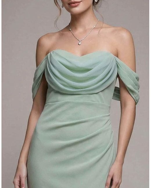 Goddiva Green Petite Bardot & Chiffon Cowl Maxi Dress