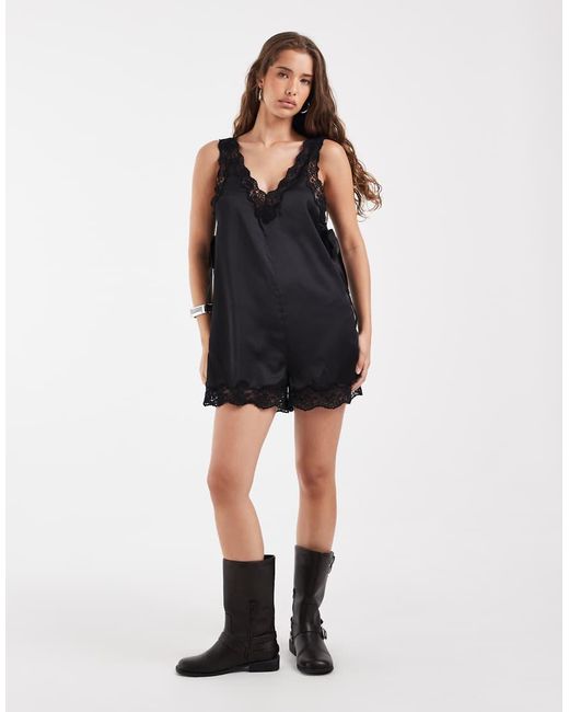 ASOS Black Satin V Neck Playsuit With Lace Trims