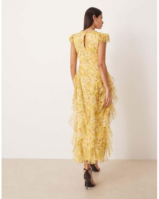 LACE & BEADS Natural Tulle V-neck Ruffle Frill Detailing Midaxi Dress