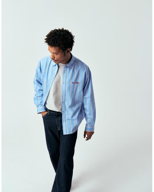 ASOS Blue Oversized Stripe Shirt With Chest Embroidery for men