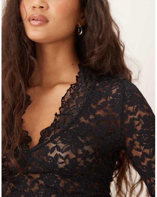 Free People Black All Day Lace Long Sleeve Top