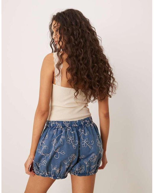 ASOS Blue Bloomer Shorts With Floral Embroidery