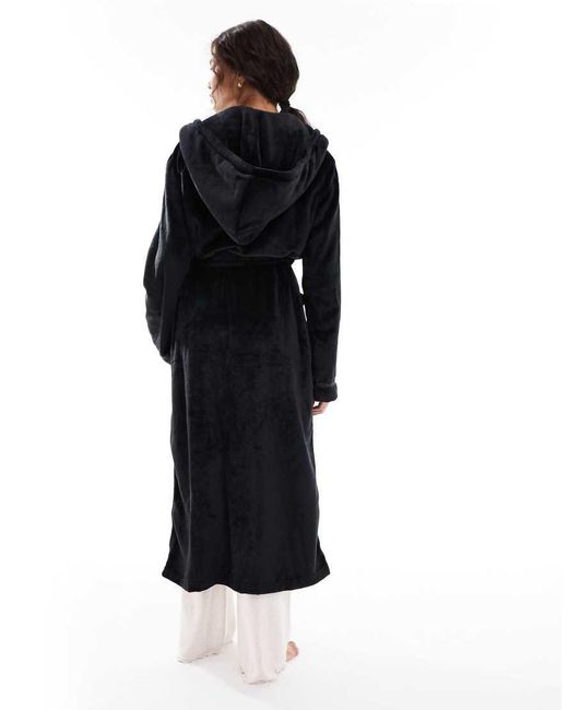 Loungeable Black Ribbon Trim Luxury Fleece Hooded Maxi Dressing Gown