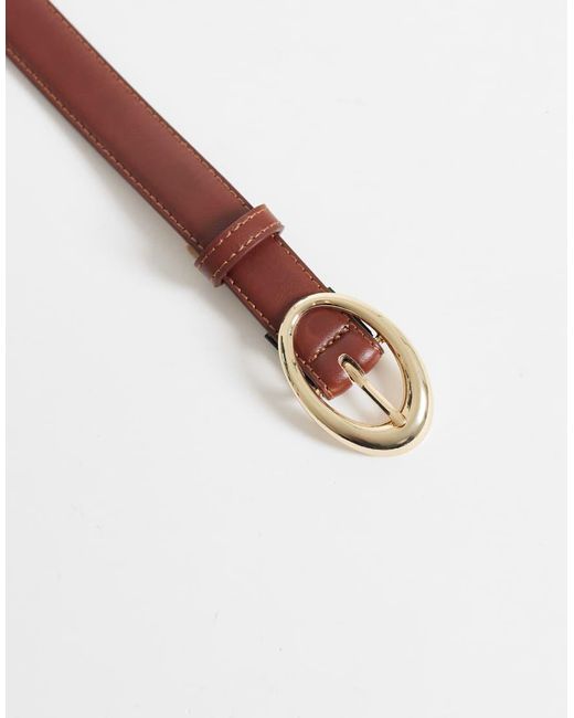 Mango Brown Faux Leather Slim Belt With Oval Buckle