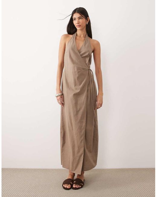 ASOS Natural Cotton-linen Halter Neck Wrap Maxi Sundress