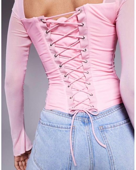 Taideux Blue Fuller Bust Tilly Mesh Boned Cut Out Corset Top With Lace Up Back Detail