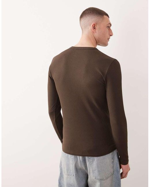ASOS Net Geribbeld Muscle Fit Henley T-Shirt Van Zware Stof Met Lange Mouwen in het Brown voor heren
