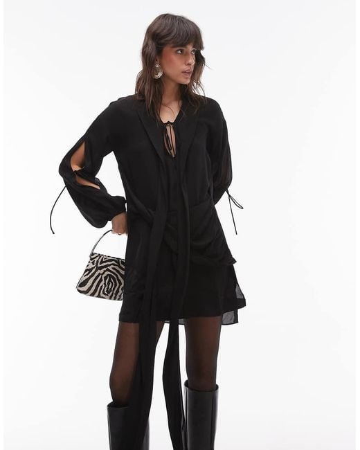 TOPSHOP Black Deep Drape Mini Shirt Dress