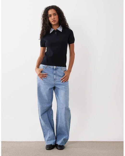 Mango Blue Short Sleeve Knit Top With Shirt Collar Detailing