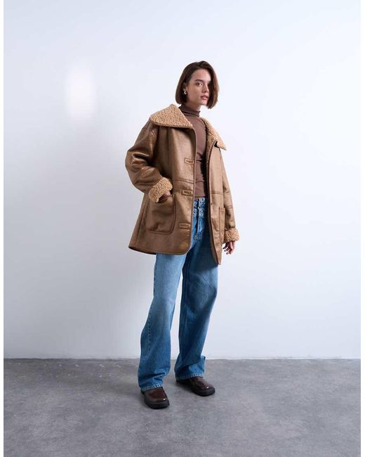 TOPSHOP Brown Faux-shearling Oversized Patch Pocket Mid Length Car Coat