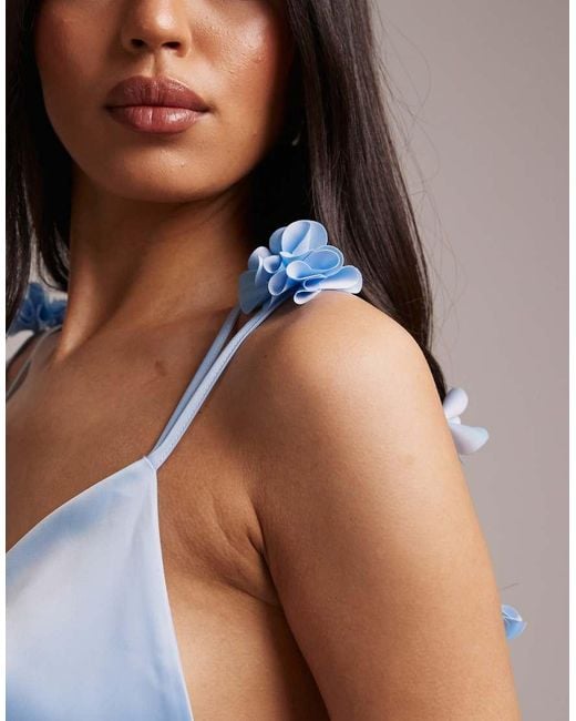 Wanderdoll Blue Aria Satin Cowl Neck Drape Flower Detail Cross Back Maxi Dress
