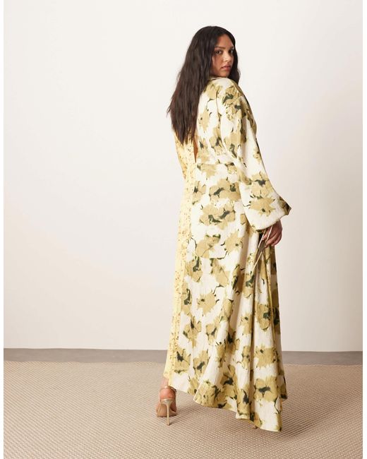 ARRANGE Natural Curve Crinkle Satin Long Sleeve Midi Dress With Trim