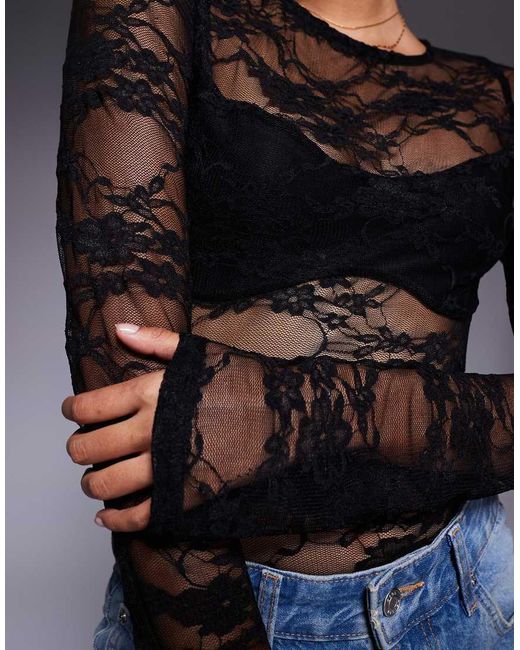 Princess Polly Blue Feelix Long Sleeve Sheer Lace Body