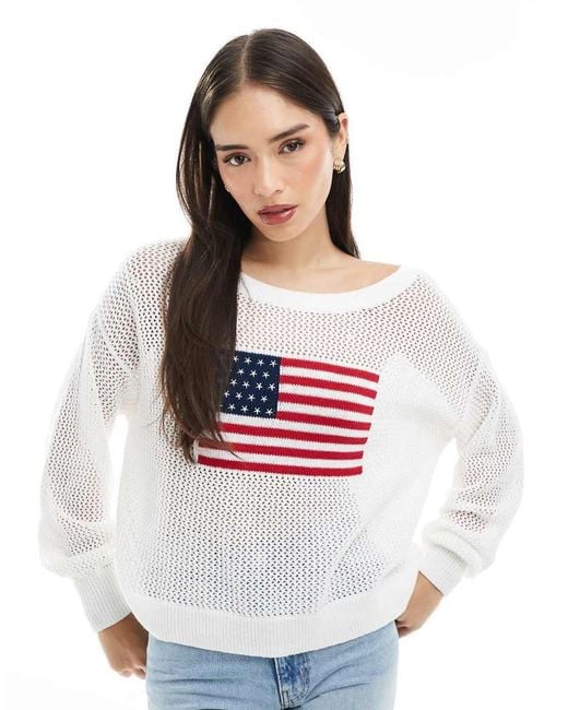 Hollister White Easy Off-the-shoulder Stitchy American Flag Graphic Sweater
