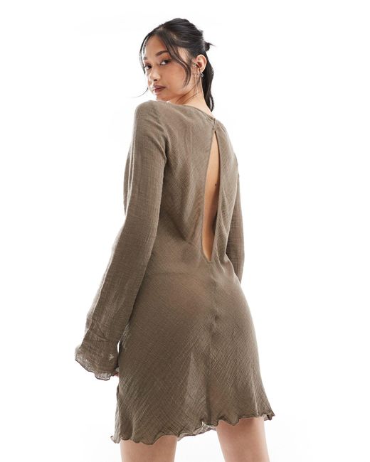 Weekday Brown Ginko Linen Blend Long Sleeve Mini Dress