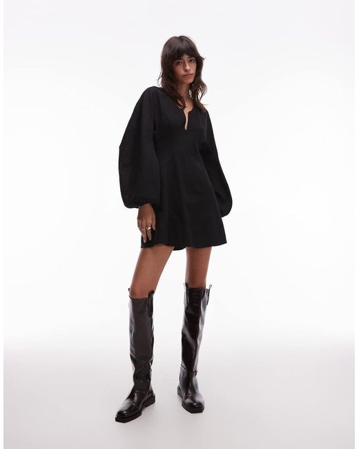 ASOS Black Balloon Sleeve Structured Mini Skater Dress