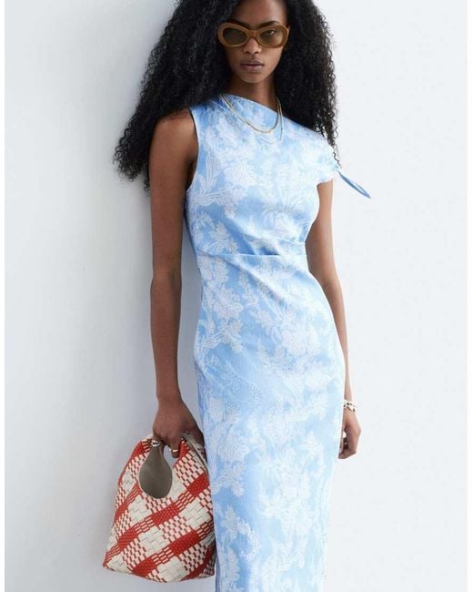 & Other Stories Blue Rich Linen Asymmetric Boatneck Midi Dress