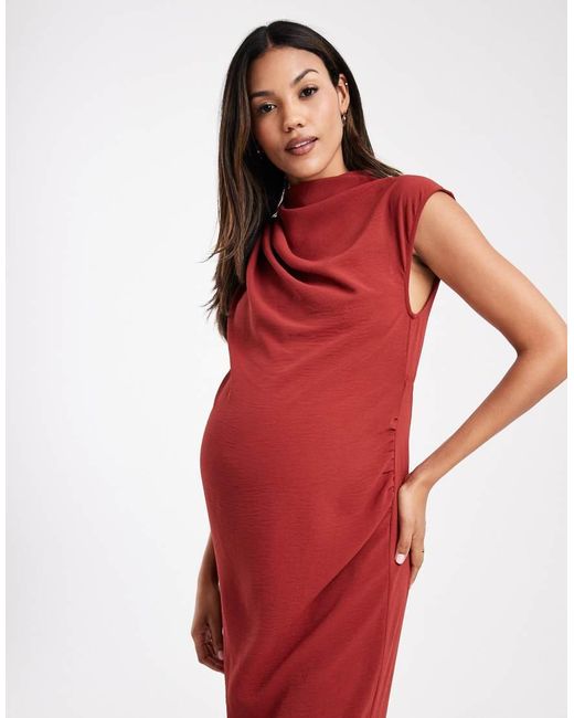 Vestido Midi Color Óxido Con Cuello Subido Drapeado De Asos Design Maternity ASOS de color Red