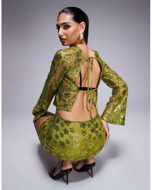 ASOS Green Co-ord Long Sleeve Crochet Floral Sequin Backless Top