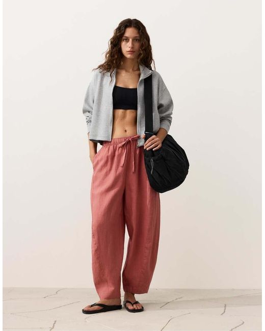 Oysho Pink 100% Linen Balloon Trousers