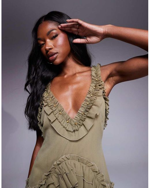 ASOS Brown Ruffle Strap Detail Mini Dress With Trim
