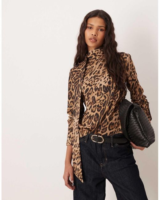 Mango Brown Tie Neck Blouse