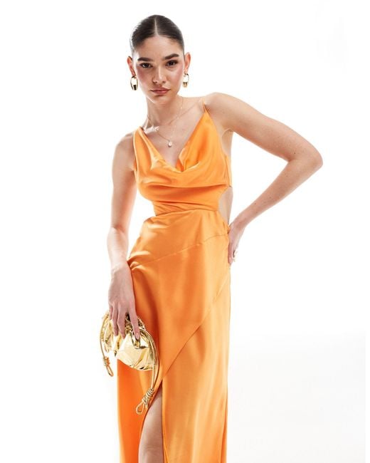 ASOS Orange Satin Cowl Midaxi Dress With Cut Out Waist And Graduated Hem