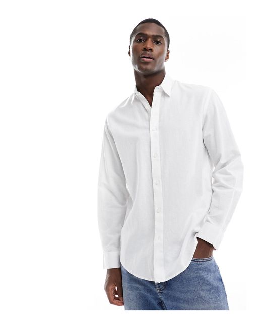 SELECTED White Long Sleeve Linen Mix Shirt for men