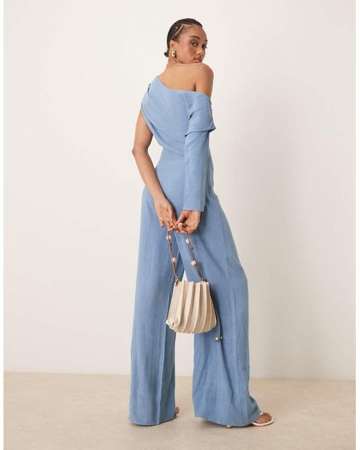 ASOS Blue Asos Design Tall Linen Fallen Shoulder Jumpsuit