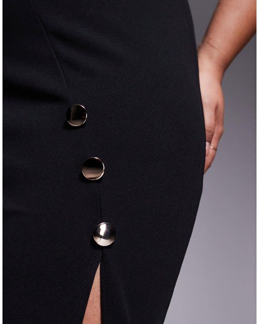 ASOS Blue Asos Design Curve High Neck Maxi Pencil Dress With Short Sleeves And Large Gold Button Detail Split