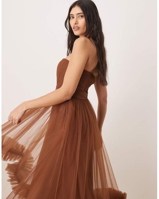 LACE & BEADS Midaxi Jurk Met Korset En Rok Van Tule Met Ruche Aan De Zoom in het Brown