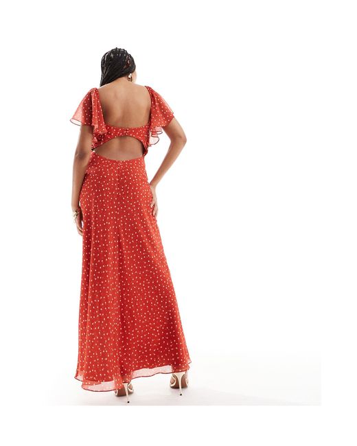 ASOS Red Satin Corset Detail Chiffon Bias Maxi Dress With Flutter Sleeve