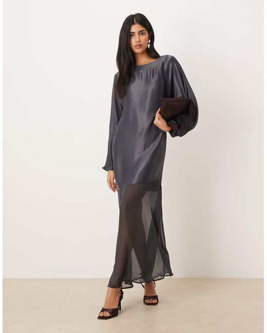 ASOS Natural Slash Neck Satin Maxi Dress With Batwing And Chiffon Skirt