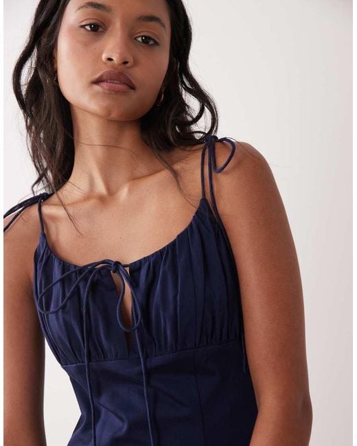 ASOS Blue Structured Cotton Sateen Tie Bust Dropped Waist Midaxi Sundress