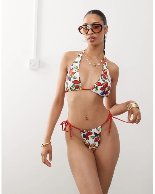 Reclaimed (vintage) Brown – seitlich gebundene bikinihose mit handgezeichnetem, farbenfrohem blumenmuster