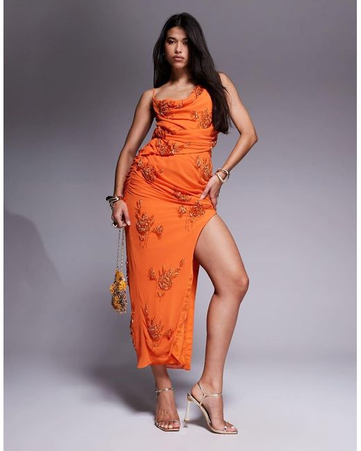 Vestito Lungo Con Drappeggio E Fiori di ASOS in Orange