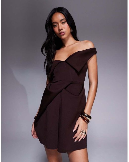 ASOS Brown Manipulated Fold Over Bandeau Mini Dress With Boxy Pleat Skirt