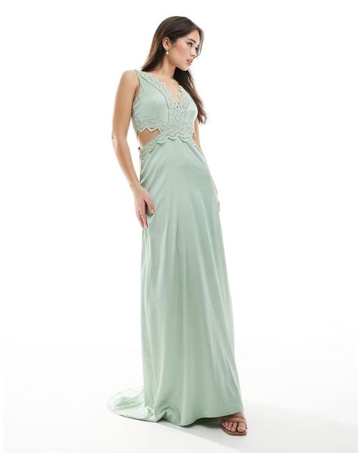 TFNC London Green Bridesmaid Satin Maxi Dress With Scalloped Lace Detail