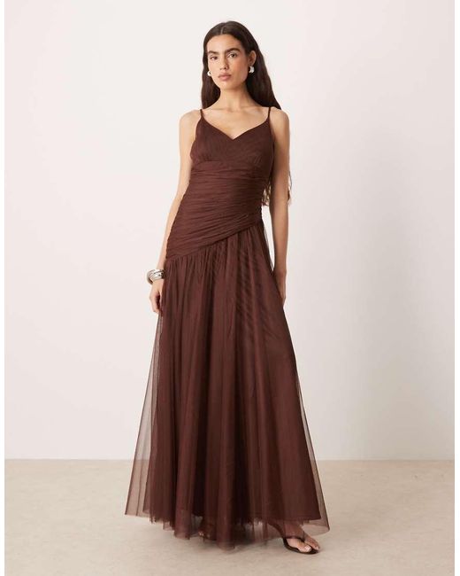 LACE & BEADS Brown Tulle Asymmetric Drop Waist Maxi Dress
