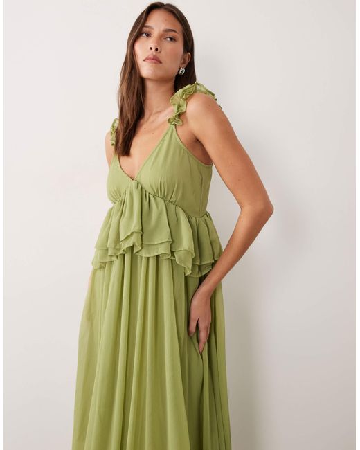 vila green dress Ruffle Strap Chiffon Maxi in Jewel tone