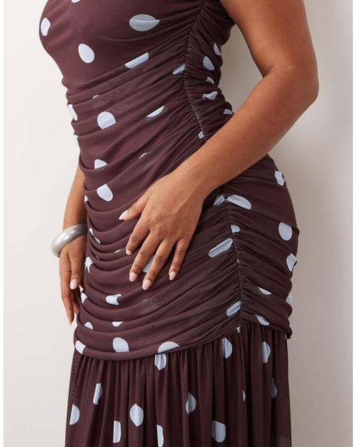 ASOS Brown Asos Design Curve Printed Polka Dot Ruched Drop Waist Circle Dress With Grown On Neck