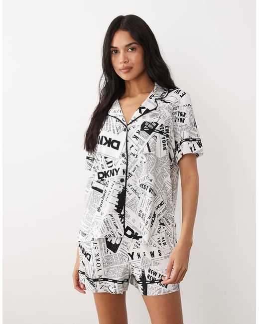 DKNY White Short Sleeve Notch Collar And Boxer Shorts Pyjama Set