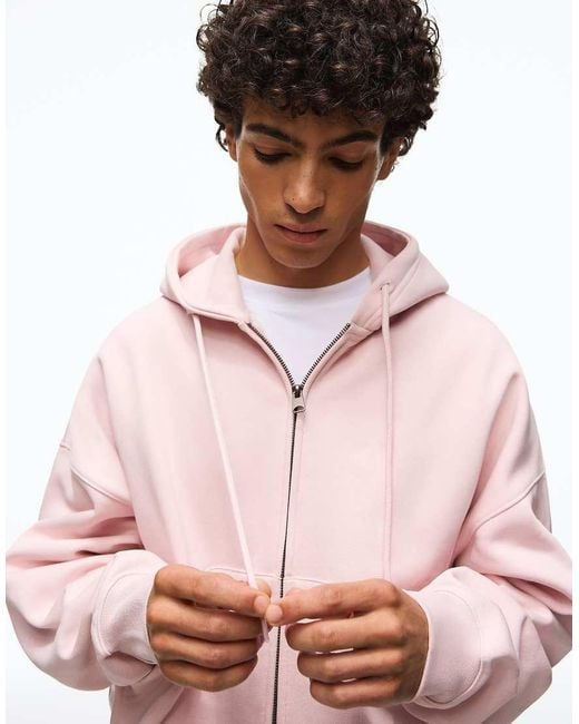 Bershka Pink Boxy Zip-up Hoodie for men